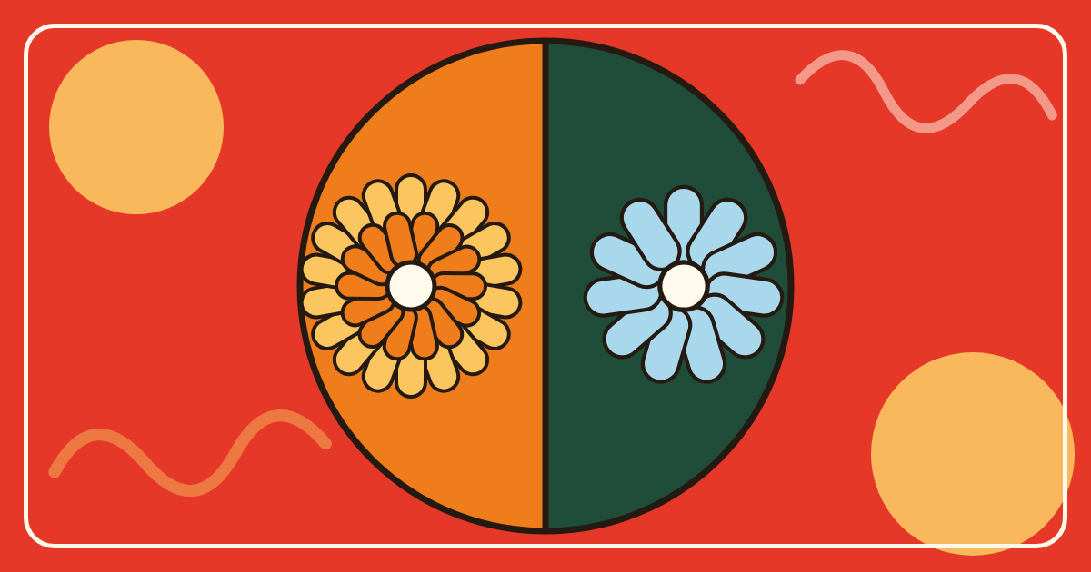 Illustration of a circle split in half, a yellow dandelion flower on one side and a blue chicory flower on the other